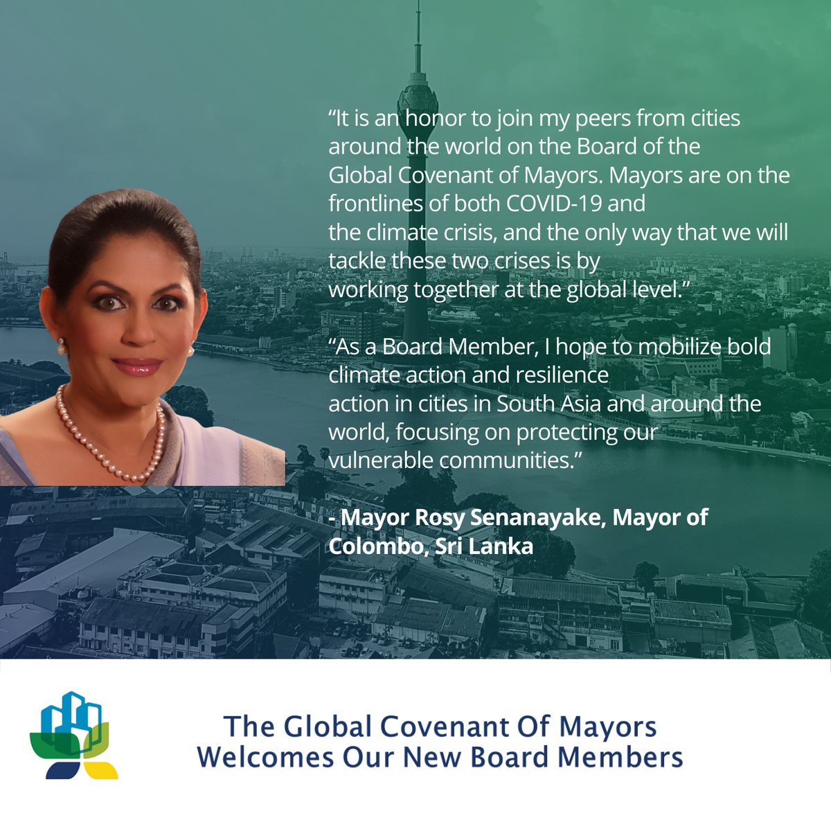 We’re delighted to welcome Lord Mayor <a href="/AnnaReyno/">Anna Reynolds</a> and Mayor <a href="/Rosy_Senanayake/">Rosy Senanayake</a> as two of the newest members of the GCoM Board! Together with the rest of the Board, they will lead the largest global alliance for city climate leadership. 

👉 bit.ly/3oNlpMD #Mayors4Climate
