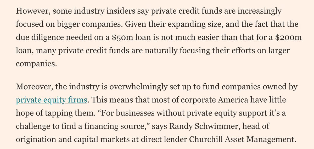 Private debt industry will undoubtedly help a lot of companies, but the problem is that it is largely set up to service the private equity ecosystem. So once again, companies that are PE-owned have an advantage. And smaller non-PE owned companies are particularly screwed.