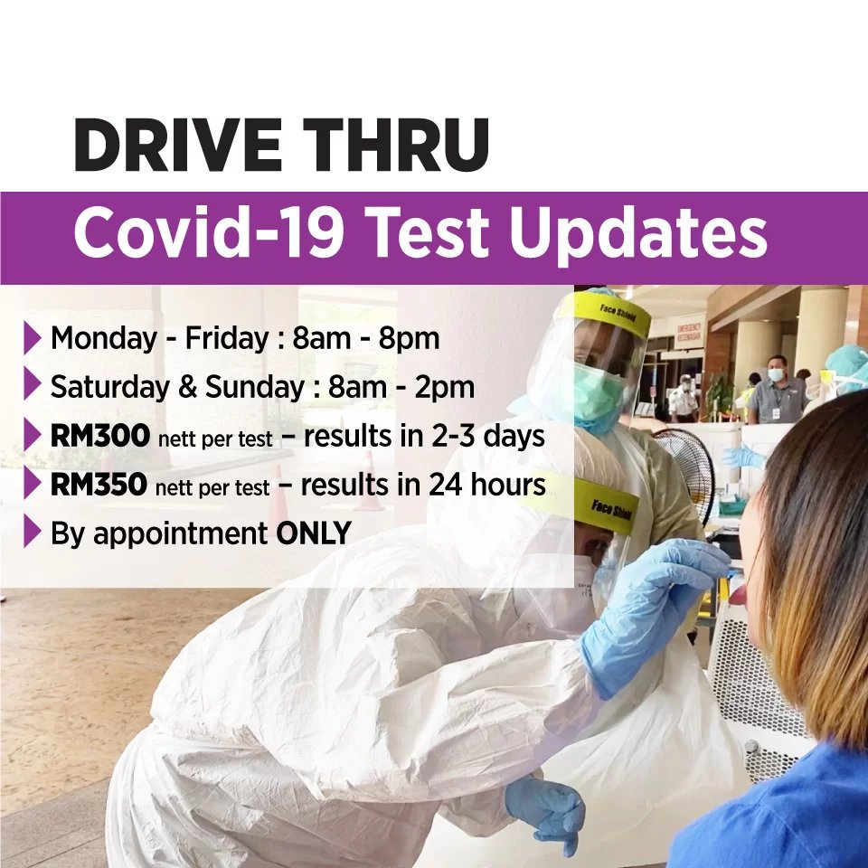 3. Thomson Hospital Kota Damansara. Harga bermula RM300 - RM350. Ujian akan dilakukan melalui temu janji sahaja. Info lanjut di sini:  https://thomsonhospitals.com/latest-services/drive-thru-covid-19-test/
