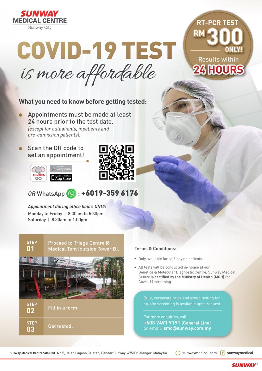 4. Sunway Medical CentreSunway Medical Centre menawarkan khidmat saringan COVID-19 RT-PCR. Temu janji perlu dilakukan selewat-lewatnya 24-jam sebelum saringan dilakukan. Harga: RM300Info lanjut:  https://www.sunwaymedical.com/promotion/get-a-covid-19-test-for-a-peace-of-mind