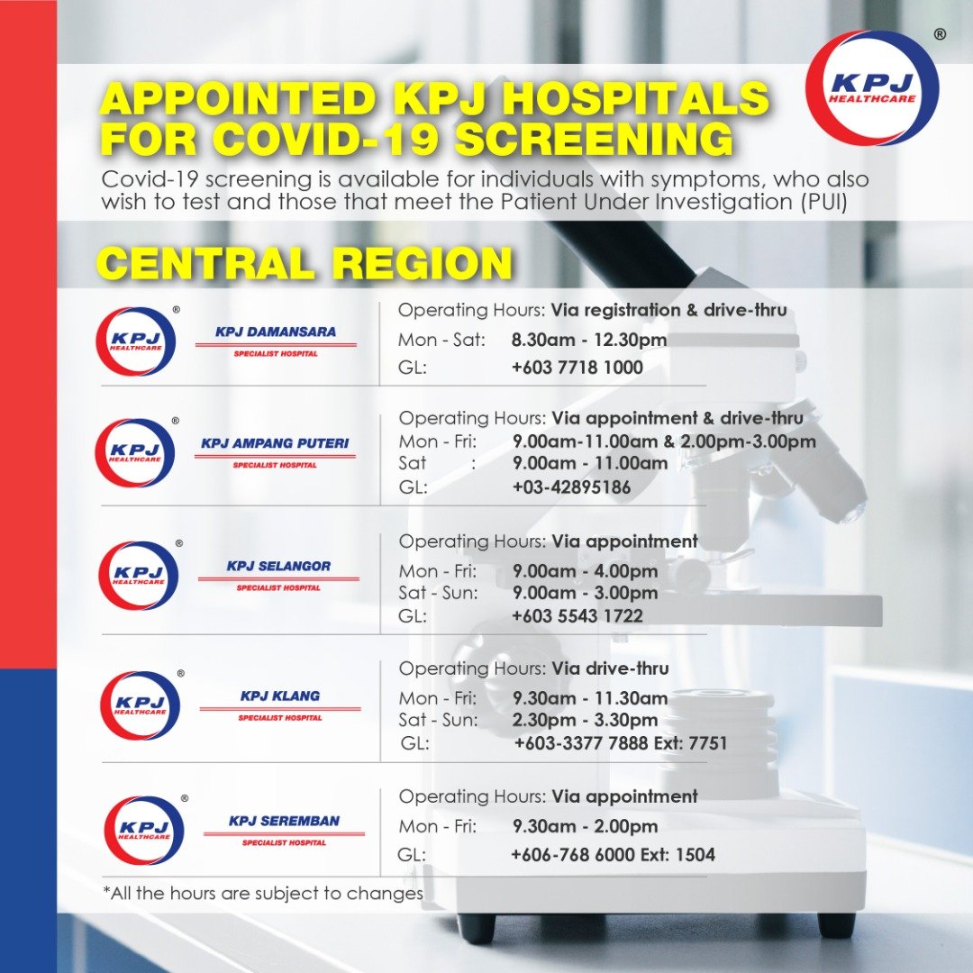 5. KPJ Healthcare BerhadHarga bermula RM388 seorang dan keputusan ujian boleh didapati dalam masa 72 jam. Senarai cawangan KPJ yang menyediakan khidmat saringan COVID-19 adalah seperti berikut.