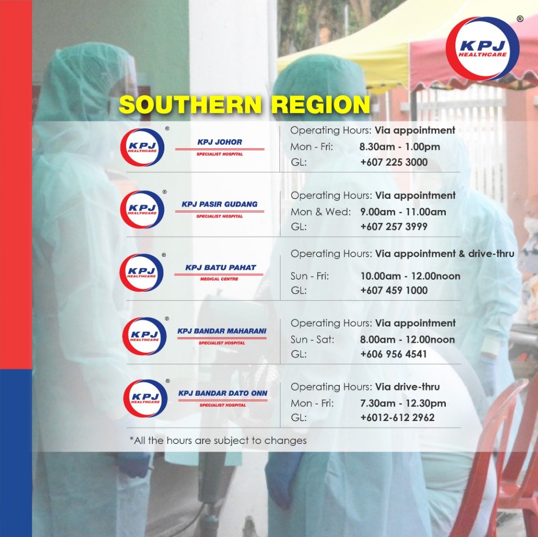5. KPJ Healthcare BerhadHarga bermula RM388 seorang dan keputusan ujian boleh didapati dalam masa 72 jam. Senarai cawangan KPJ yang menyediakan khidmat saringan COVID-19 adalah seperti berikut.