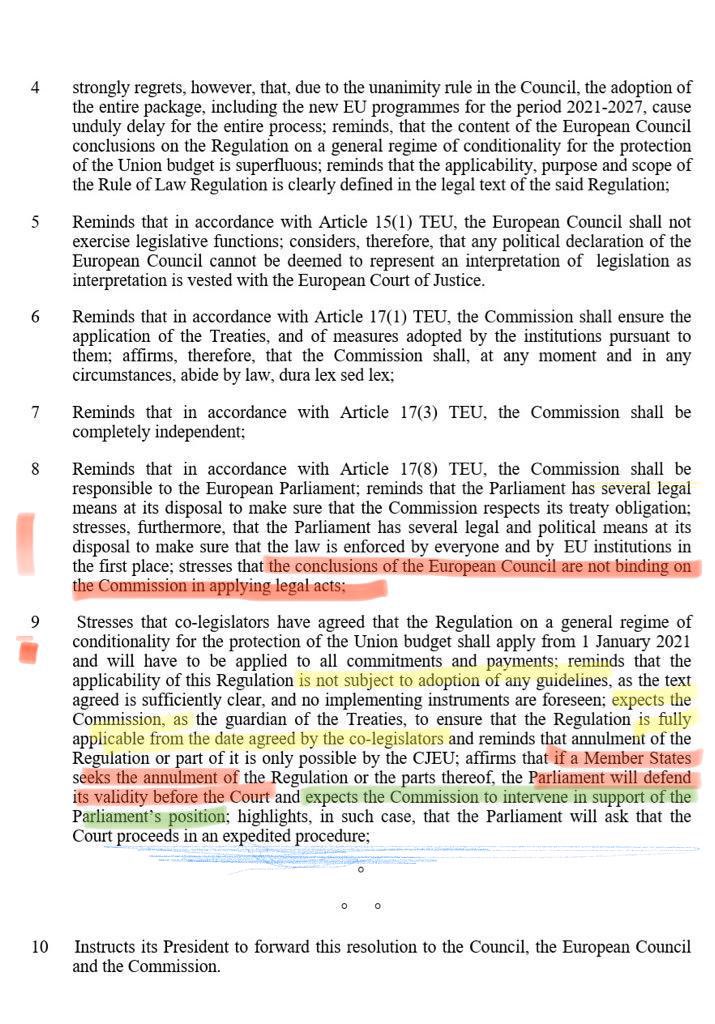 Here’s a preview of Parliament’s draft resolution to be adopted this week opposing  #EUCO attempt at amending the RoL Regulation.No reference to motion of censure against  @vonderleyen but antagonistic tone against Commission is unprecedented 3/