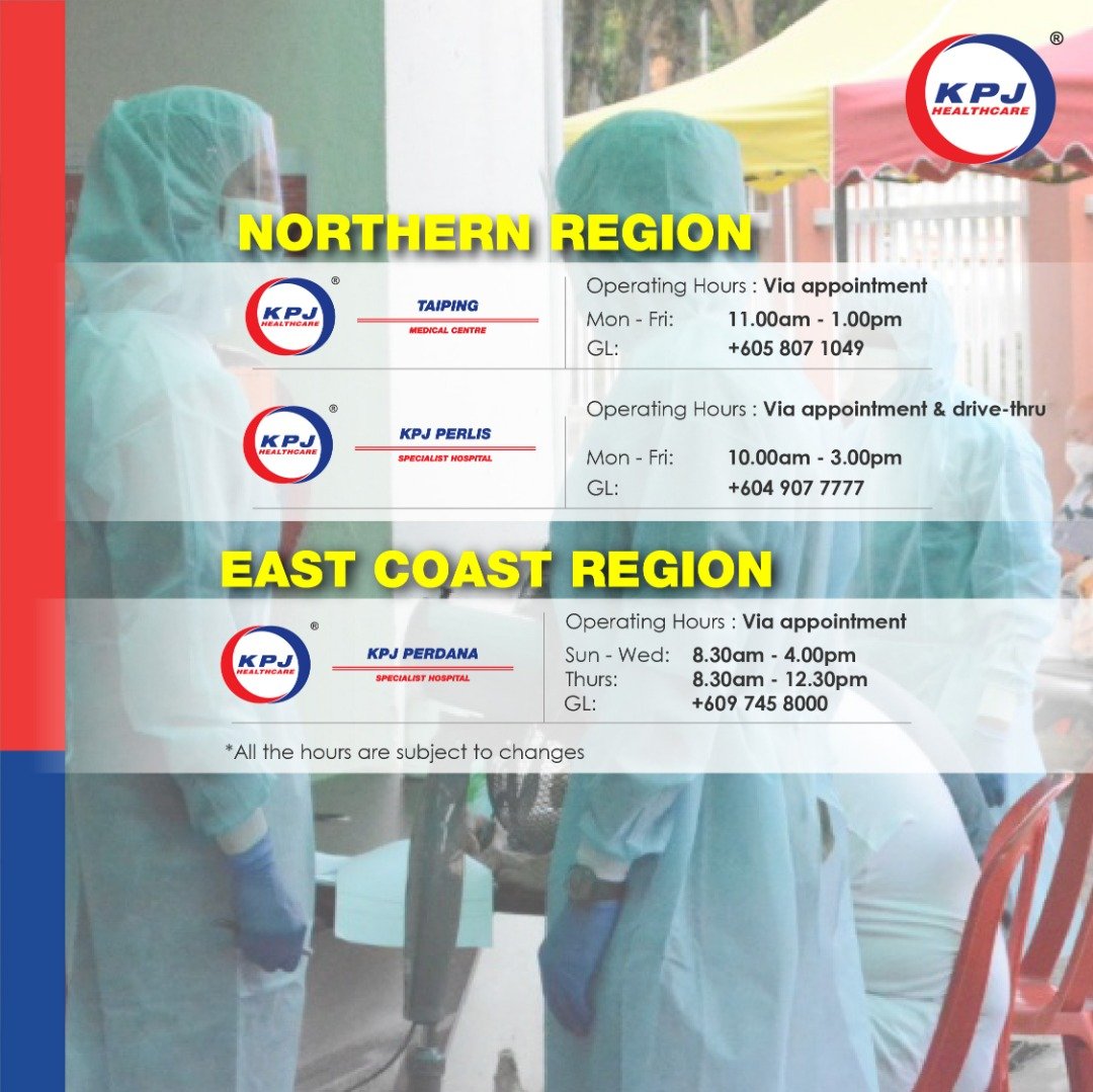 5. KPJ Healthcare BerhadHarga bermula RM388 seorang dan keputusan ujian boleh didapati dalam masa 72 jam. Senarai cawangan KPJ yang menyediakan khidmat saringan COVID-19 adalah seperti berikut.