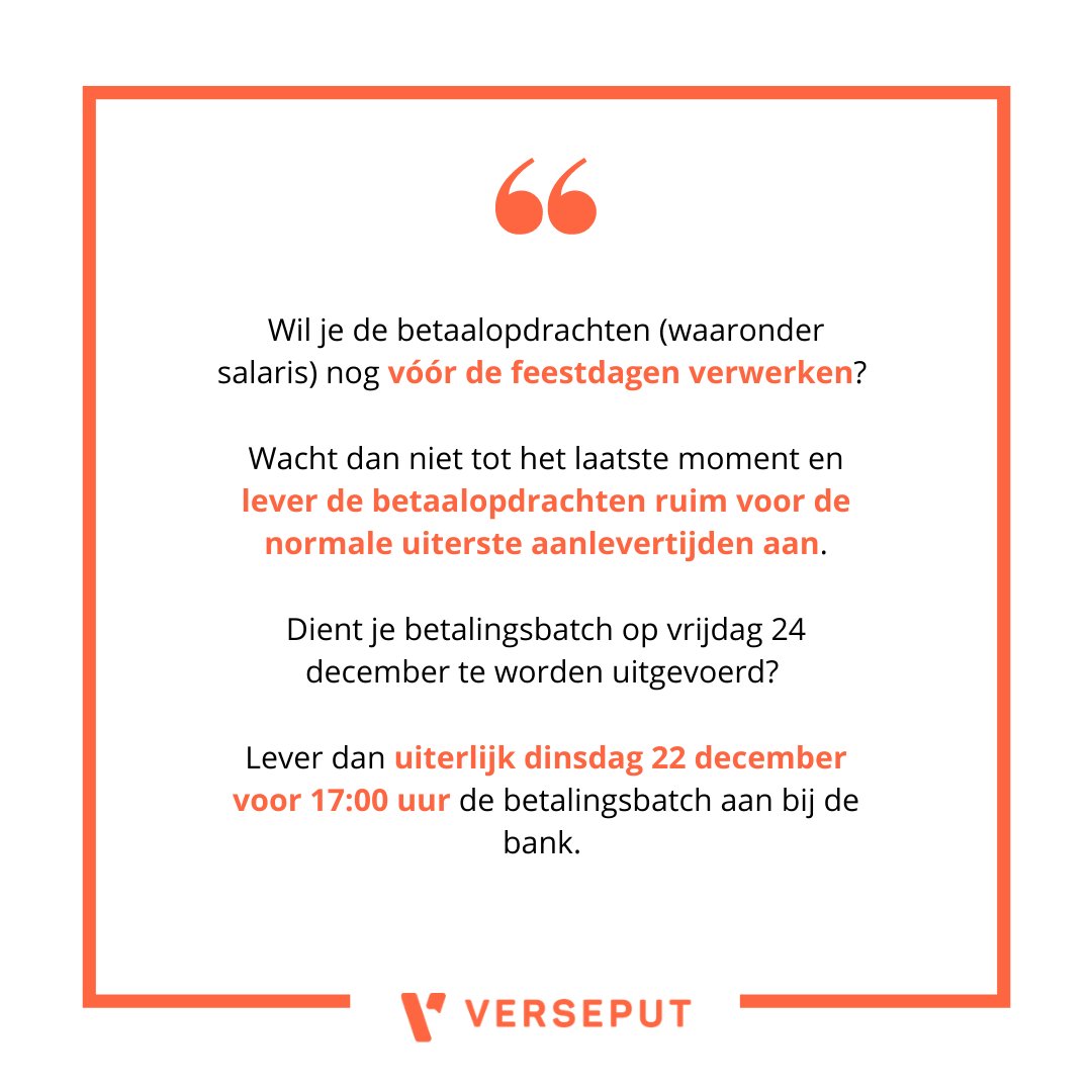 Wil je de 𝗯𝗲𝘁𝗮𝗮𝗹𝗼𝗽𝗱𝗿𝗮𝗰𝗵𝘁𝗲𝗻 (waaronder salaris) 𝗻𝗼𝗴 𝘃𝗼́𝗼́𝗿 𝗱𝗲 𝗳𝗲𝗲𝘀𝘁𝗱𝗮𝗴𝗲𝗻 𝘃𝗲𝗿𝘄𝗲𝗿𝗸𝗲𝗻? Wacht dan niet tot het laatste moment en lever de betaalopdrachten ruim voor de normale uiterste aanlevertijden aan.
#werkgever #ondernemers #betalingen
