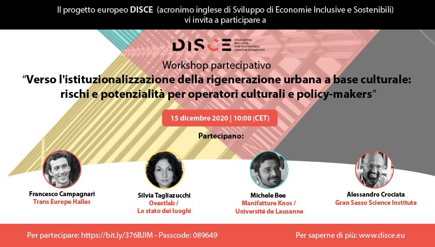 📣How can #culture and #publicadministation better collaborate on #urbanregeneration?
<a href="/DISCE_EU/">DISCE</a> next online webinar will offer useful insights on the matter🙌

📆Tomorrow, 10.00 UTC+1
🇮🇹Langauge: Italian
💡Link &amp; details: facebook.com/events/1641126…