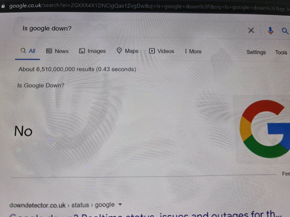 Obviously I had to ask <a href="/Google/">Google</a> the question. I'd say that was fairly conclusive?

#googledown #googleoutage #google