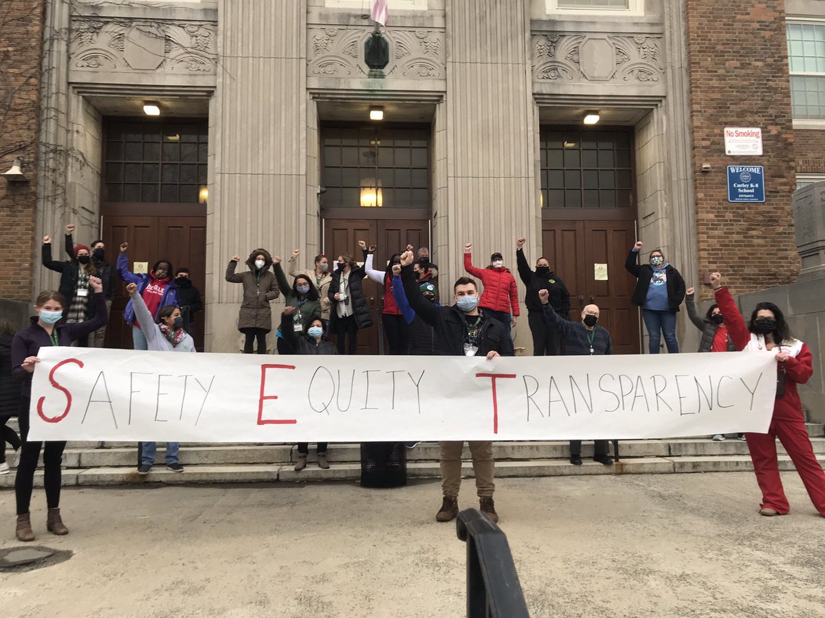 BTU Members at the Curley School walk in for Safety, Equity and Transparency before starting their day. #SafetyFirstBPS