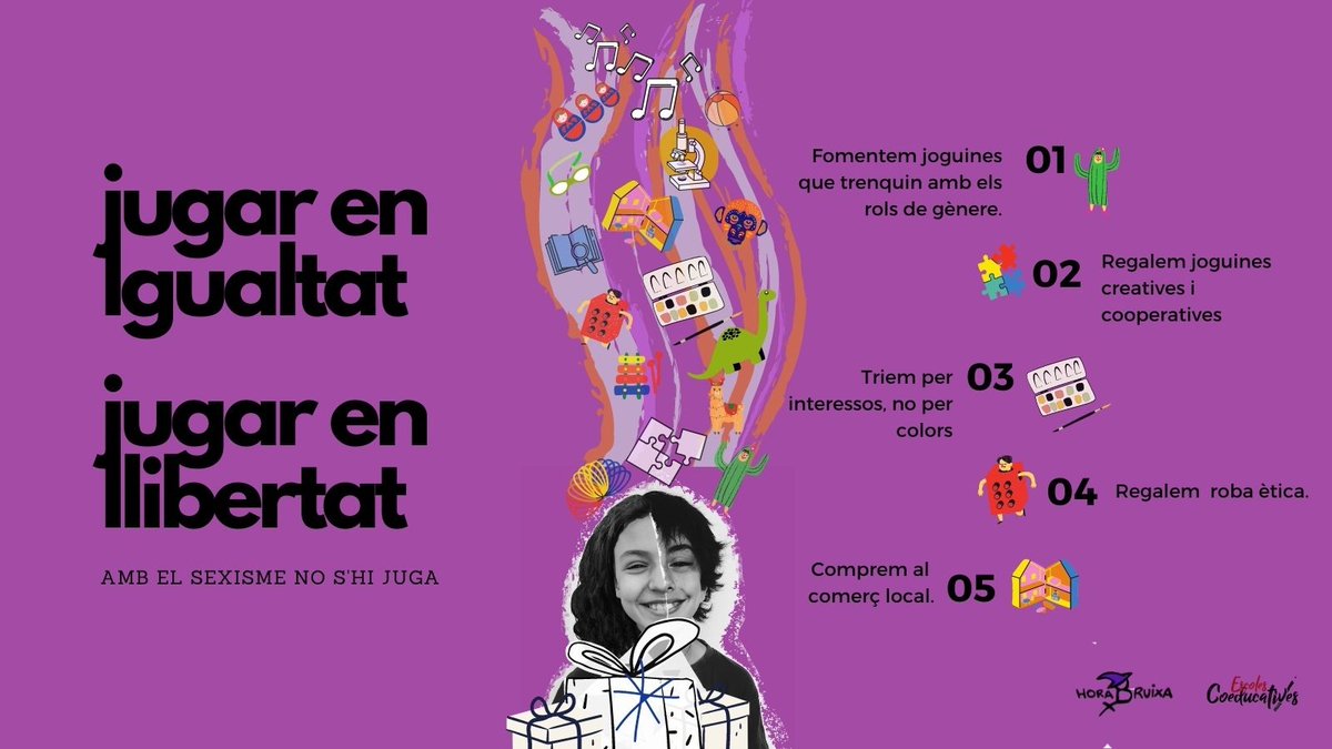 "Jugar en igualtat, jugar en llibertat", primera campanya conjunta <a href="/HoraBruixaStc/">Hora Bruixa</a> i Escoles Coeducatives!!

L'objectiu és promoure l'ús de joguines i jocs lliures d'estereotips de gènere i de violències, interpel·lant a la responsabilitat de les persones adultes vers els infants