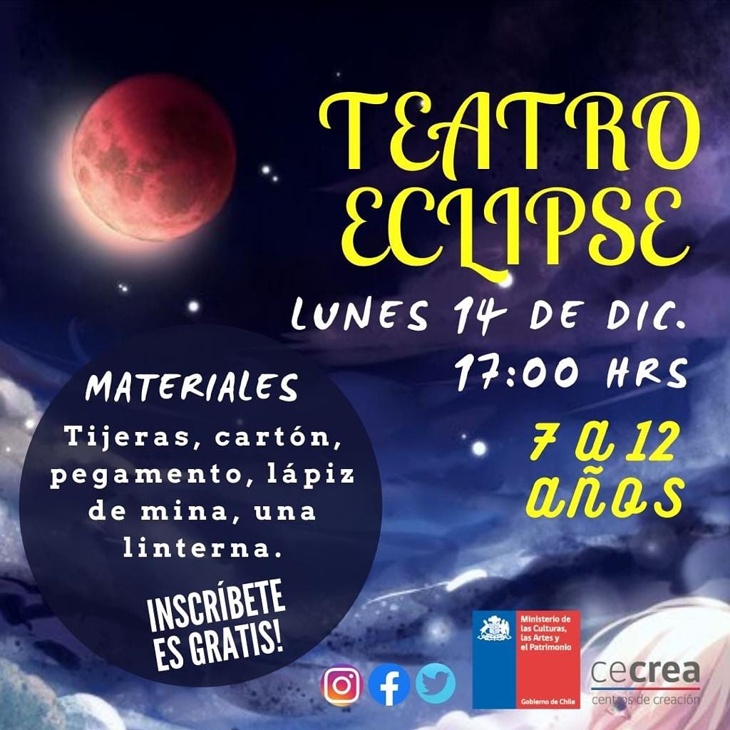 Nos quedan los últimos cupos para que puedas explorar el fenómeno físico de los eclipses mientras creas un teatro de sombras! Una experiencia para aventureros(as) de 7 a 12 años. Hoy, lunes 14 de diciembre a las 17:00 hrs.😊😊😊

Inscripciones en el link 
docs.google.com/forms/d/e/1FAI…