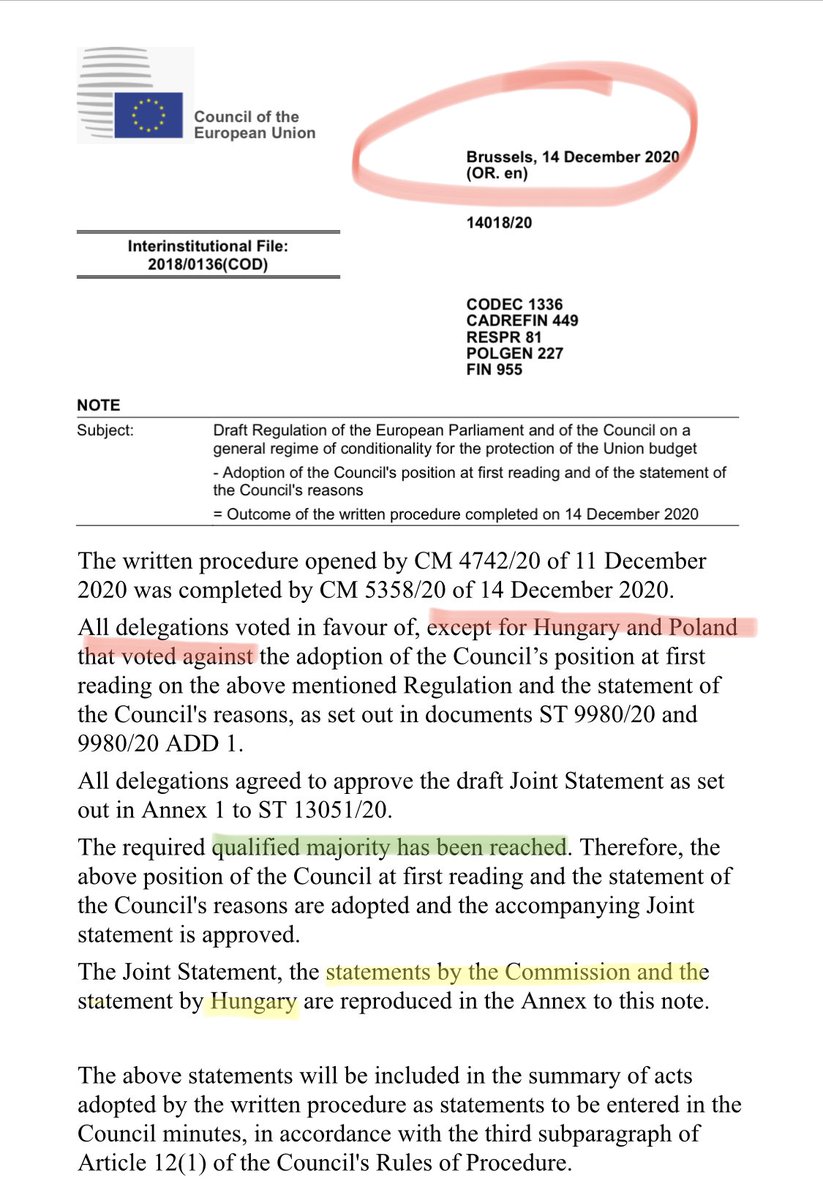 Hungary & Poland just voted against  #RuleofLaw mechanism, and reserved their right to challenge it before Court (as anticipated in  #EUCO conclusions)But there’s (much) more THREAD