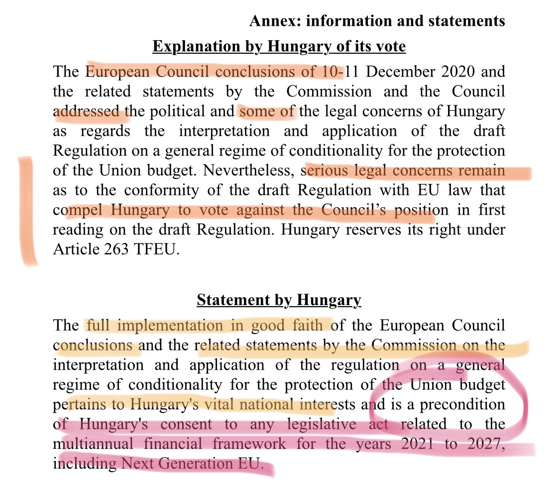 Hungary (not Poland) states that its veto remains on the whole  #MFF and just been temporarily lifted pending the imminent Court’s case 2/