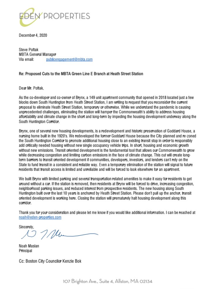 KenzieBok's tweet photo. NO TO @MBTA E-LINE & MISSION LINK cuts: Thanks to key Heath St institutions (@NEBHortho, @sherrillsnf, @NAICOB91, Eden Properties) who joined @VABostonHC, RTH, Back of the Hill residents, & countless others to say #SaveOurTrolley & the MISSION LINK! We need them! #bospoli #mapoli https://t.co/J8vCnoPoPV