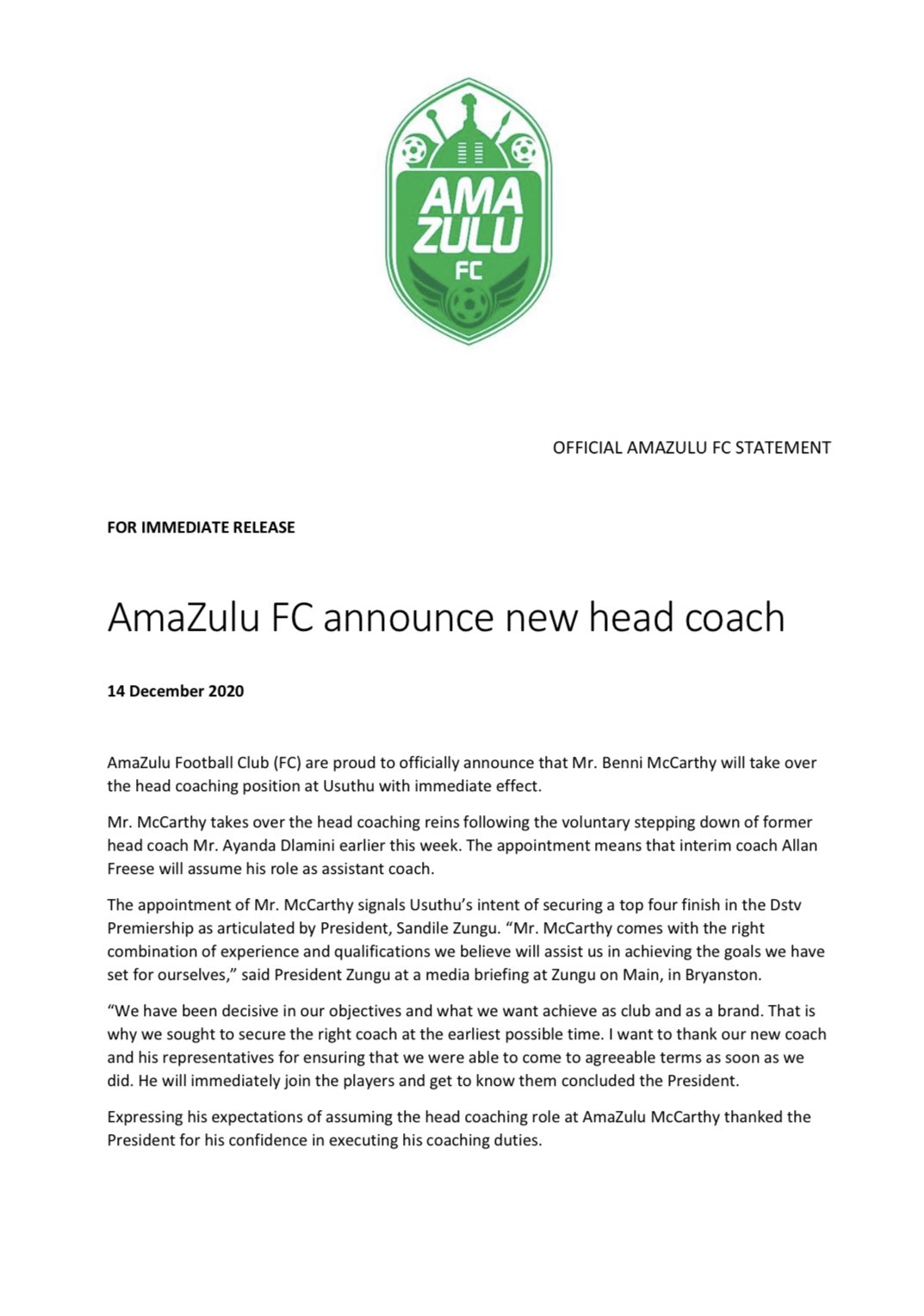 Amazulu Fc On Twitter Official Amazulu Fc Statement Amazulu Fc Announce New Head Coach Hebeusuthu Usuthutogether