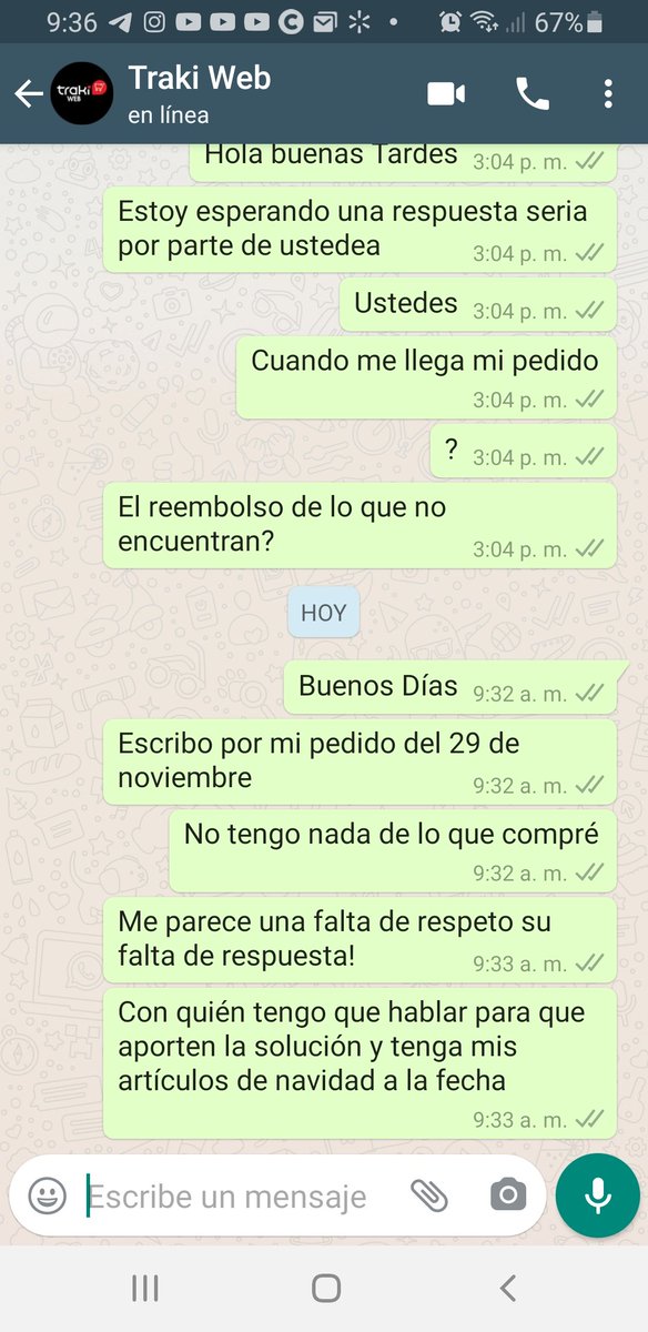 ysbe87's tweet photo. @TRAKIenganchate Realicé una compra de $45 por trakiweb, el 9 de dic me indican que hubo un error y que mi pedido está incompleto, esta es la fecha y no hay respuesta y mi arbolito y lo que compré no sé  si llegará al menos antes de navidad!!! https://t.co/w045zpzr3g