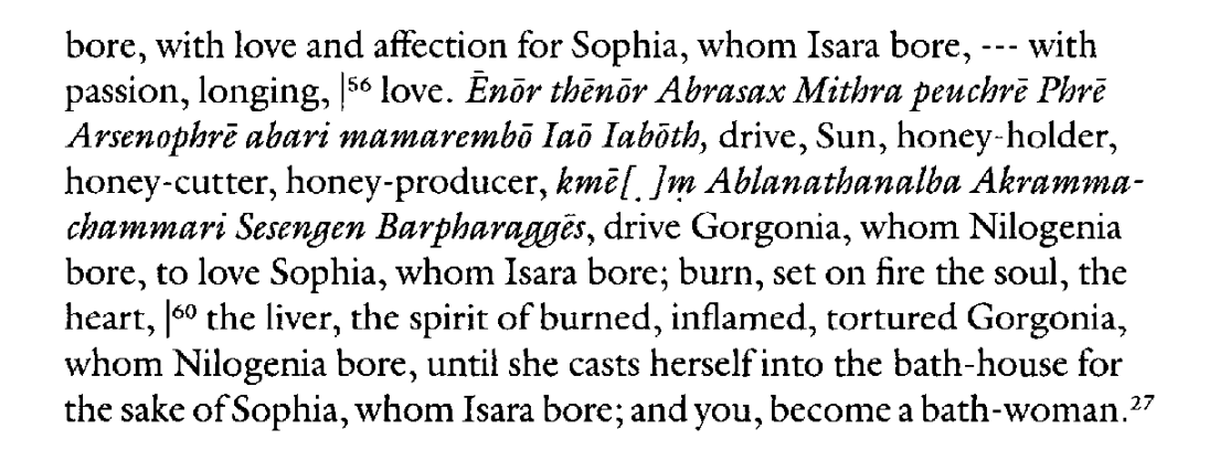 The spirit must make Gorgonia into a frenzy of love for Sophia, "giving herself and all of her possessions to her." Gorgonia must be "drive[n]," "burned," "inflamed," tortured" by love for Sophia, which will drive her to the bath-house, where, I guess, Sophia will be waiting?