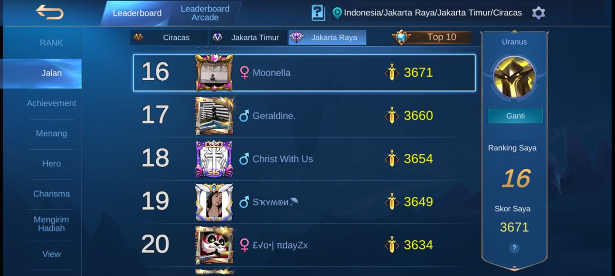 wlndhr's tweet photo. Biarin google down yang penting saya no 16 Uranus se Jakarta Raya #MobileLegends https://t.co/JU5SRW0W9i