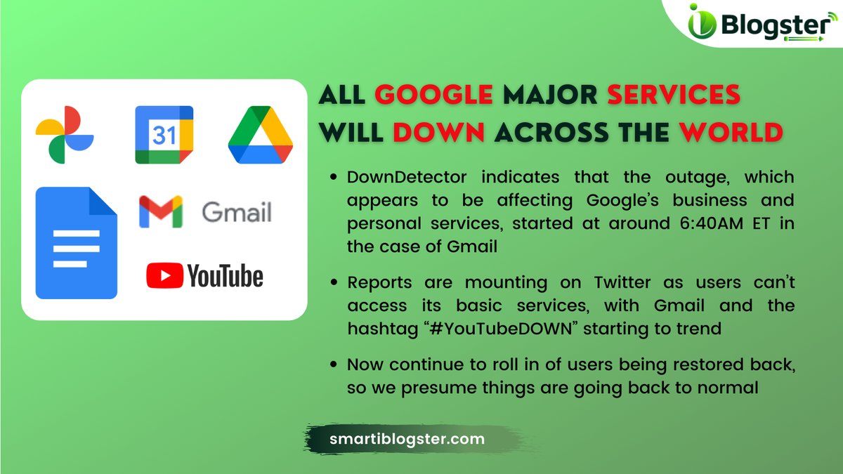 iBlogster's tweet photo. 😱All @Google Major Services Will Down Across The World
#googledown #youtubeisdown #incognito #Google #gmaildown #GoogleDocsDown #googledrivedown #googlecalenderdown #Trending #TrendingNow #technews #BusinessNews #BusinessOwner #iblogster #iblogsternews #smartiblogster https://t.co/koddxiExib