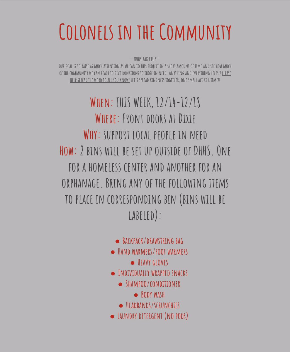 dixiekind's tweet photo. Join us in our winter donation THIS WEEK!! Please screenshot this post and spread the word to more people in our community! Anything donated is greatly appreciated and can make a difference in someone’s life!!! Help us to spread kindness, one small act at a time :) https://t.co/UPRzdTOQMB