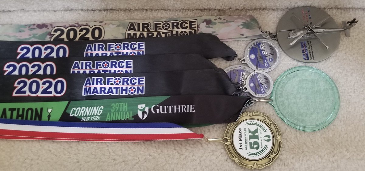 Dave5Runs's tweet photo. Haven been running much the past few weeks, but finally got my medals for the virtual USAF Fly Fight Win triple in Sept, and Wineglass in Oct. The Old Bust Head 5K was the only in-person race this year... #MedalMonday https://t.co/V0f7o43y58
