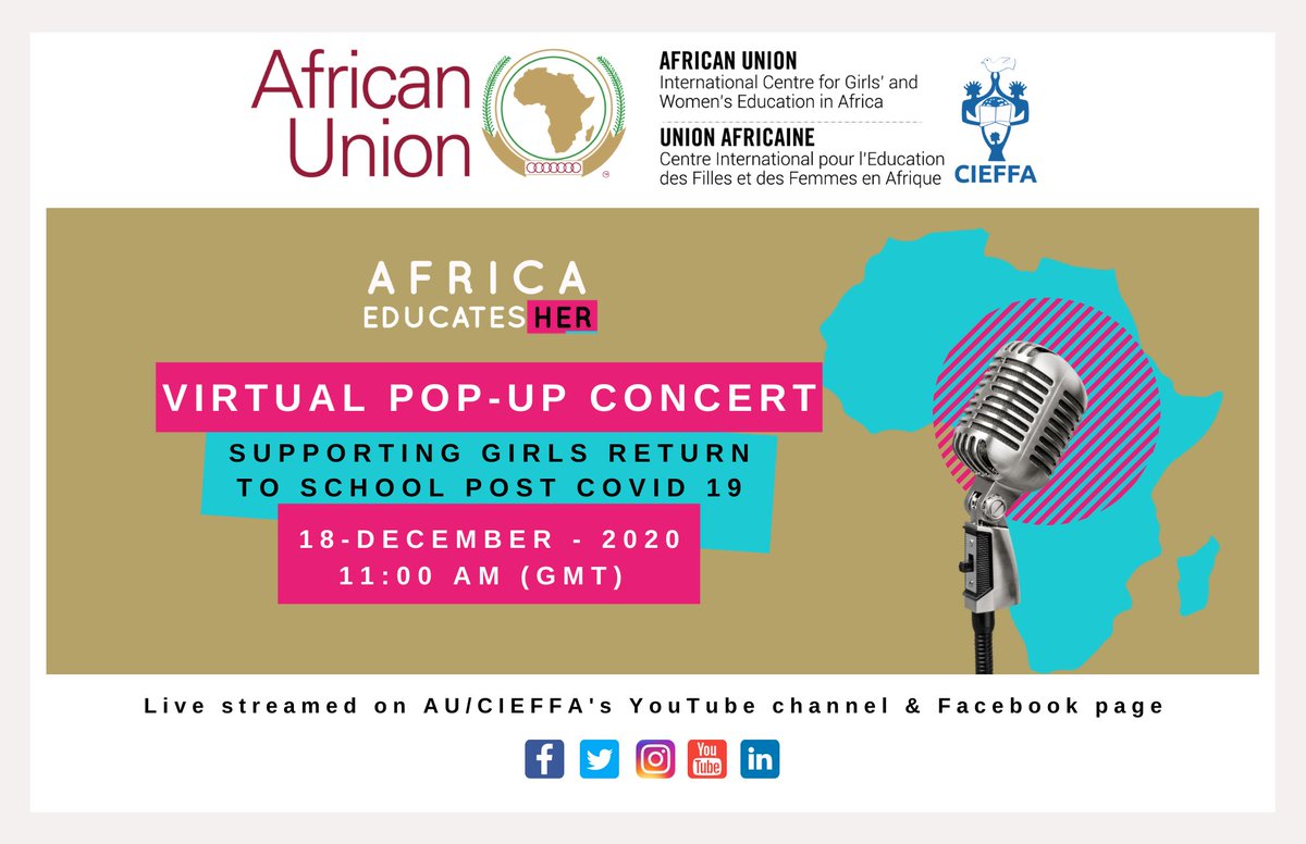 AU_CIEFFA's tweet photo. Join us this Friday the 18th for the 1st #AfricaEducatesHer Pop-Up Concert, a creative showcase of the talents &amp; works of young African people standing up for girls &amp; women education on the continent. @AUYouthProgram @AYCommission @SAYoF_SADC @The_EastAfrican @UNGEI @RsFawe https://t.co/vE9tj7up1h