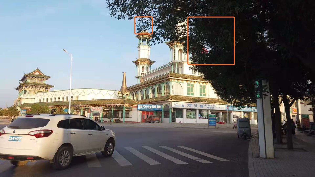 First, I want to highlight one particularly nasty bit of disinformation in Jerry's original tweet. In the first picture (which he says is taken in 2019), he has blocked where the mosque's domes originally were with foliage. In reality they were demolished and removed in Oct 2019.