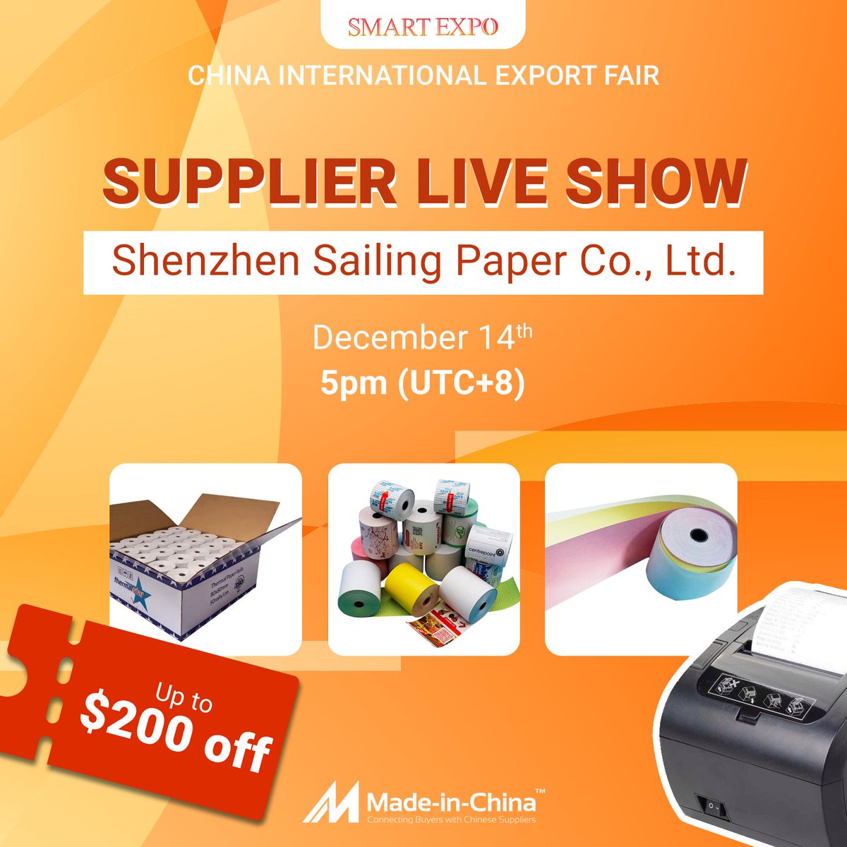 madeinchina_b2b's tweet photo. #MICLive
Join Shenzhen Sailing Paper as they evaluate #ThermalPaper live at the China International Export Fair. 
Watch them live here: https://t.co/MY6JBpJi0w https://t.co/TxfXMFcYEw