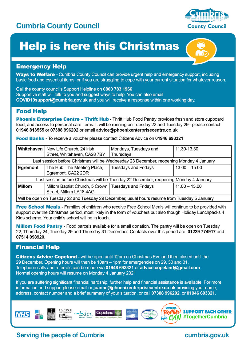 1/2 Sources of help in Copeland this Christmas - emergency, food and financial help available Pls RT <a href="/peccleatormoor/">PEC Cleator Moor</a> <a href="/copeland_ca/">Citizens Advice Copeland</a> <a href="/copelandbc/">Copeland Council</a> <a href="/CopelandMayor/">CopelandMayor</a> <a href="/CumbriaCC/">Cumbria County Council</a>