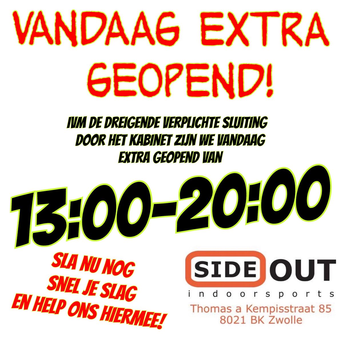 ⚠️❗️Wij gaan vandaag speciaal open!❗️⚠️
Dit ivm de dreiging die vanuit het kabinet komt om ons de komende weken te gaan sluiten. 
Sla nog snel je slag en help ons daarmee deze potentiële zoveelste klap te overleven! #kooplokaal #zwolle