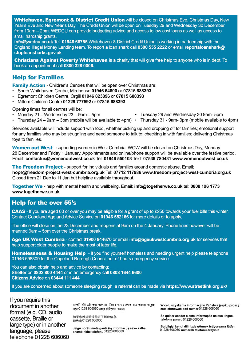 2/2 Sources of help in Copeland this Christmas - financial, help for families, help for over 55s. Pls RT <a href="/WEDCreditUnion/">WED Credit Union</a> <a href="/WomenOutWest2/">Women Out West</a> <a href="/FreedomProjWC/">The Freedom Project</a> <a href="/we_cic/">TogetherWeCIC</a>  @Ageukwc2 <a href="/copelandbc/">Copeland Council</a> <a href="/CopelandMayor/">CopelandMayor</a> <a href="/CumbriaCC/">Cumbria County Council</a>
