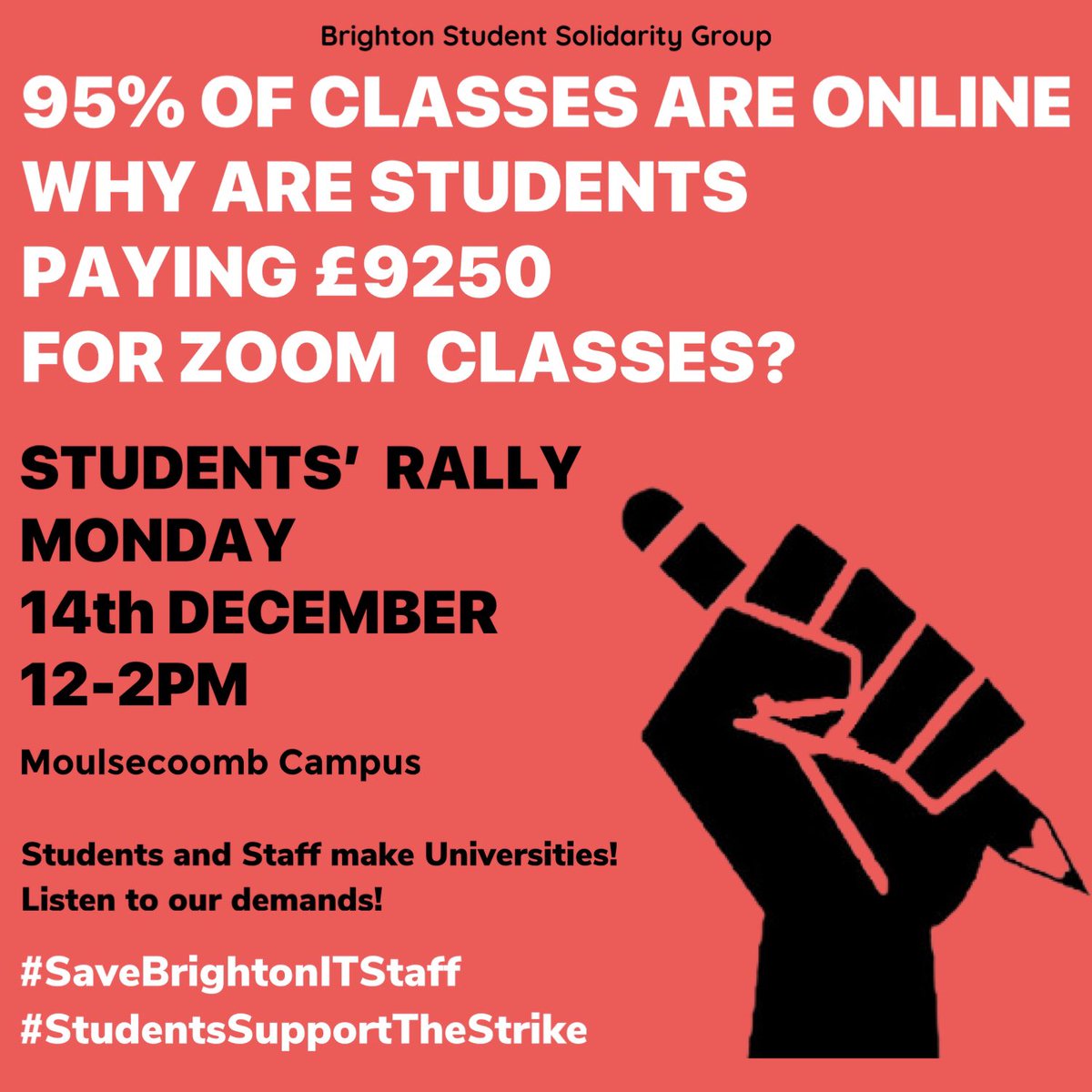 StuSolBrighton's tweet photo. Student Rally Today at 12PM at Moulsecoomb @uniofbrighton
#SaveBrightonITstaff
#StudentsSupportTheStrike #choosehuman
https://t.co/rJelTSUQmY
@BrightonUCU @SussexRU @yclbrighton @YoungGreenParty @HoveSwp @ucu_solidarity https://t.co/7pbwfQTKsT