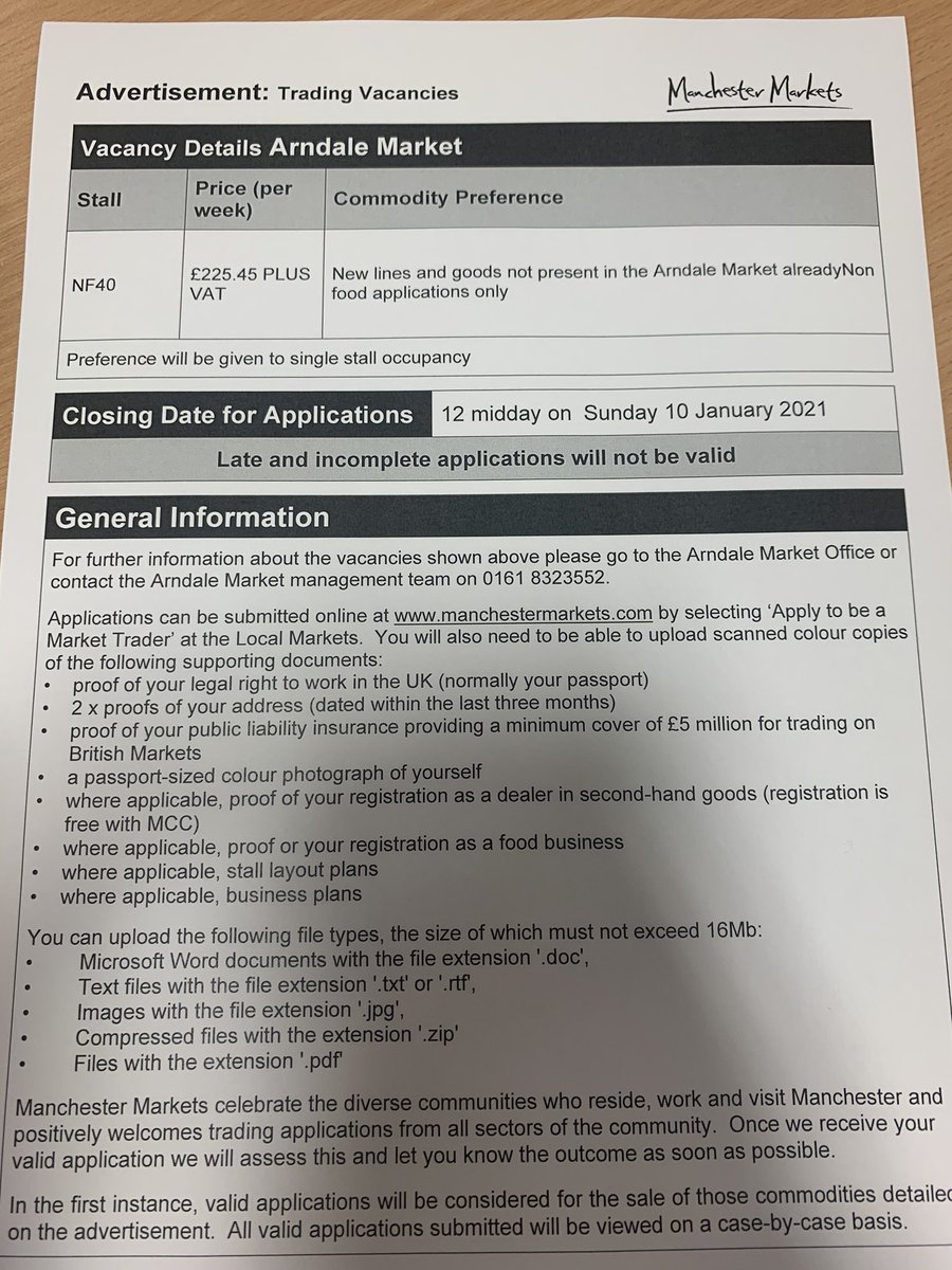 Trading space available to rent on the South Side Arndale Market. Non food applications only, closing date Sunday 10th Jan 21. Go on then! Won’t be free for long! #applynow #MondayMotivation #marketsmatter #shoplocal 🖥🖋📑👏🏽