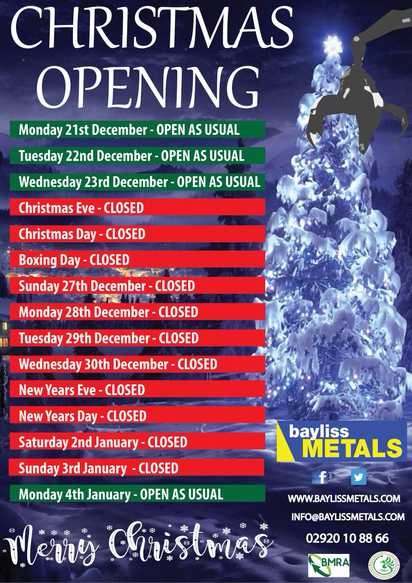 Bayliss Metals opening hours for the Christmas period.

#BaylissMetals#ChristmasHours