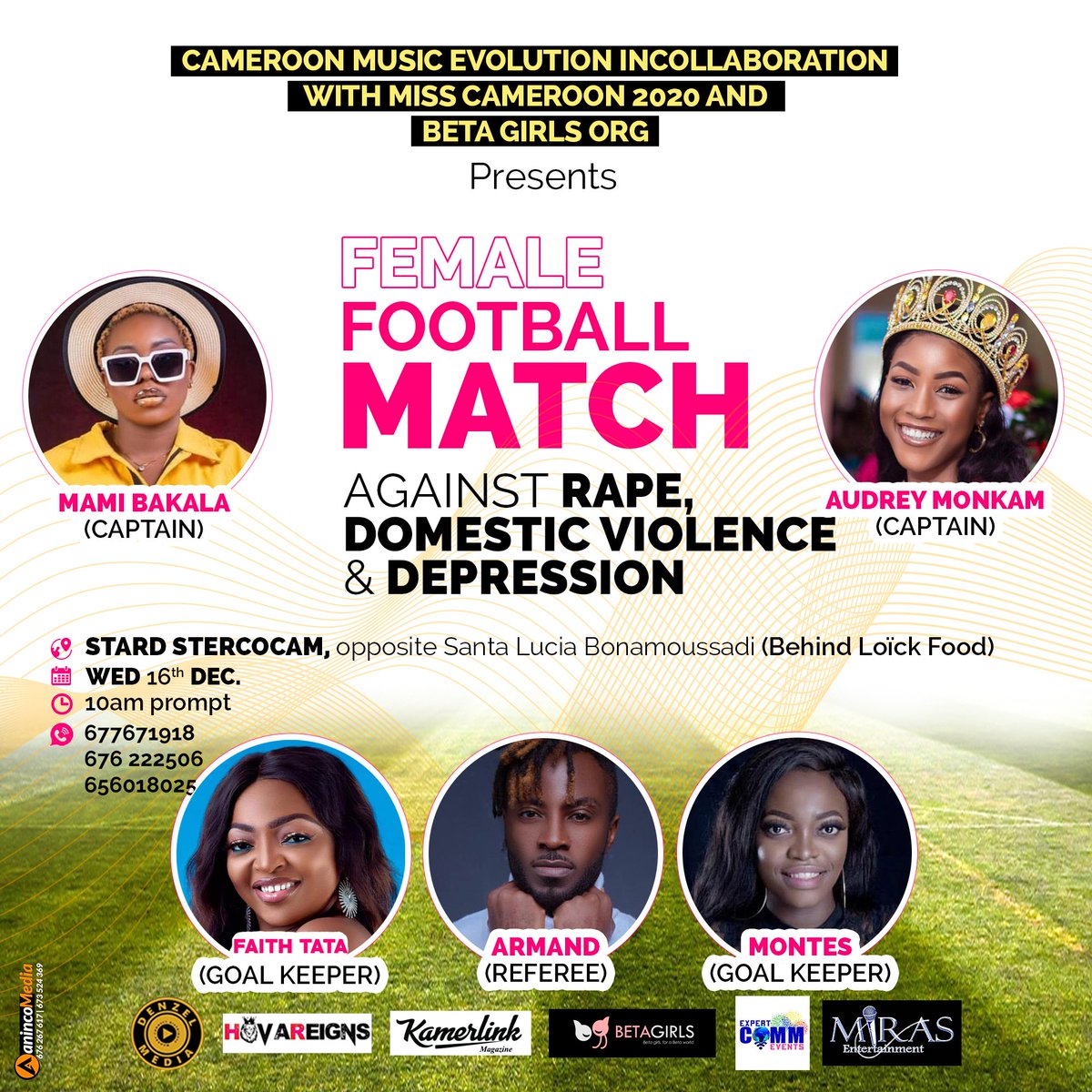 Hi #BetaGirls hope you are all waxing strong! So we are partnering with Cameroon Music Evolution to participate in this football match to raise awareness for Rape, Domestic Violence and Depression.

If you are in Douala please come through!! All details on the flyer...