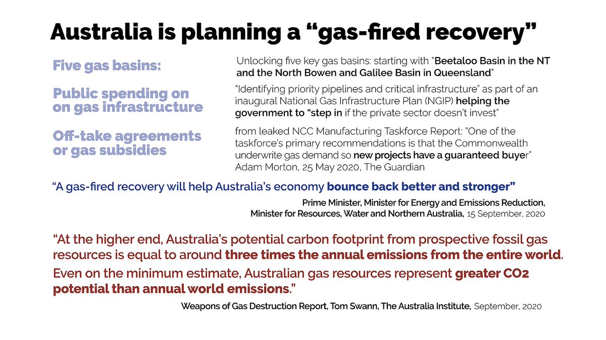 Morrison’s handpicked COVID-19 Commission recommends not just public spending on gas industry infrastructure, but underwriting and “sweeping changes” to create a market. https://www.theguardian.com/environment/2020/may/21/leaked-covid-19-commission-report-calls-for-australian-taxpayers-to-underwrite-gas-industry-expansion