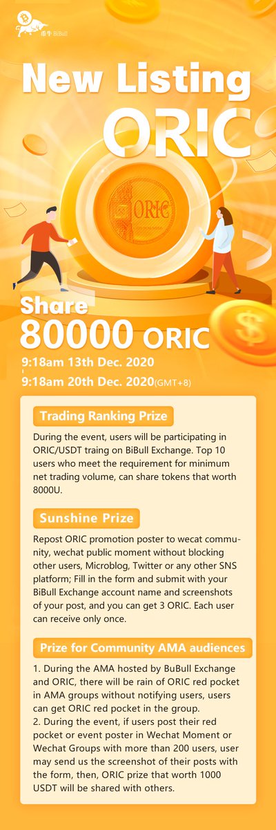 BiBull_Exchange's tweet photo. 🐂#BiBull New Listing -- #ORIC

Trade ORIC/USDT and win prizes that worth 8000U
Hourglass 9:18 am 13th. Dec -- 9:18am 20th Dec.

https://t.co/XLp0tU6jKD

Join BiBull community for more info:
English community: https://t.co/MkEultPG3s
Chinese community: https://t.co/V3osHi9HNY https://t.co/fN14Qf6yFS