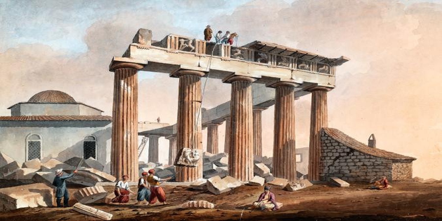 VardasGeorge's tweet photo. #MuseumsUnlocked #Parthenon The brutal dismemberment of Parthenon by Lord Elgin's men - commencing in 1801 - was captured by the English painter Edward Dodwell. The use of saws to hack through large sections of the Panathenaic frieze also caused structural damage @MuseumsUnlocked https://t.co/SUMw02ykUS