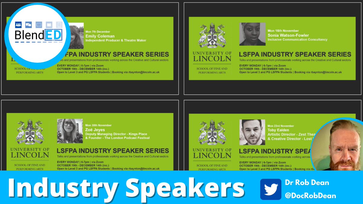 UoL_BlendED's tweet image. In some ways lockdown makes it easier to link up with industry professionals. Rachel Baynton ran a fantastic industry speaker series for students in Lincoln School of Fine &amp;amp; Performing Arts. Here’s just a few of the professionals that joined her. @DocRobDean