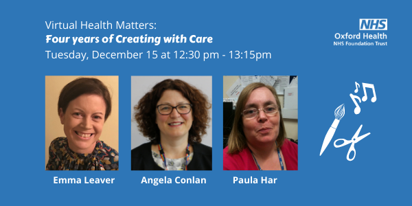 OxfordHealthNHS's tweet photo. Join us at lunchtime tomorrow for some THERAPEUTIC JOY from our award-winning Creating with Care founders and doers! See event link here: https://t.co/s03UKB4Mqw https://t.co/HBfSthUQjO