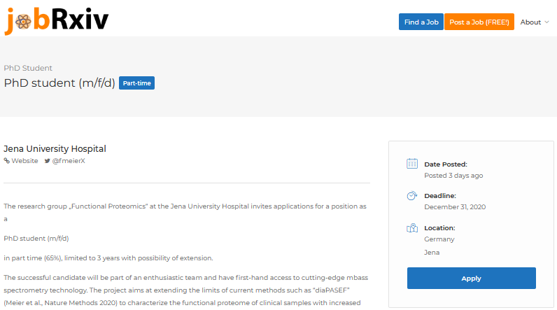 jobRxiv's tweet photo. #ScienceJobs:
PhD student (m/f/d) with @fmeierX
Jena University Hospital (@UKJ_Jena), Germany
https://t.co/ljfhsKUFKu
#ukj #uniklinikjena #phdstudent #joboffer #functionalproteomics https://t.co/415Dc1n79Q