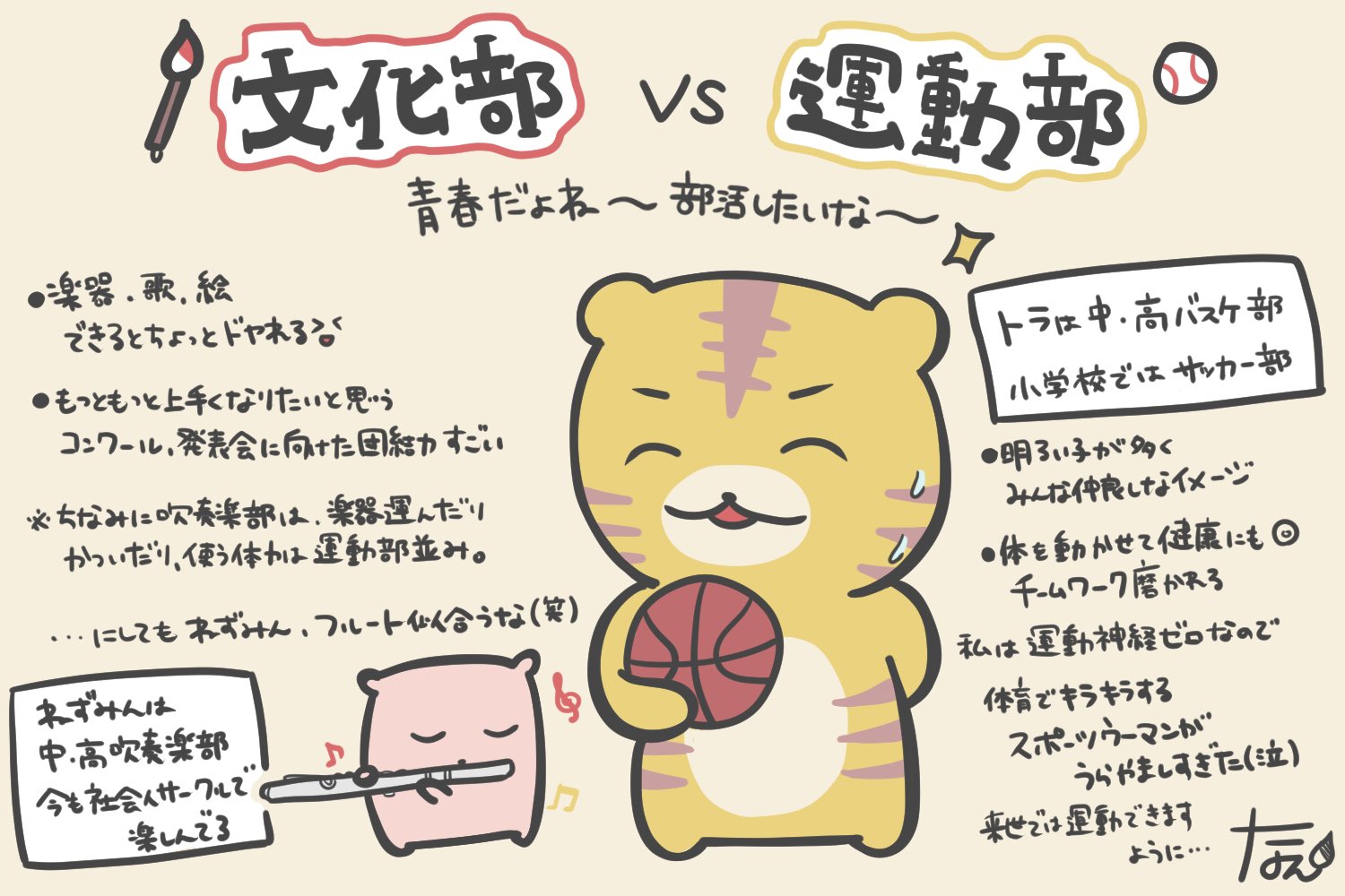 Twitter 上的 なえ ほんわか動物イラスト 文化部vs運動部 私は小学校5年生から高校3年生まで吹奏楽部でトロンボーンをやってました 楽器は楽しいです またコロナが落ち着いたら始めたいな ウズウズ そして神様 私が次に生まれ変わった時は 運動神経を与えて