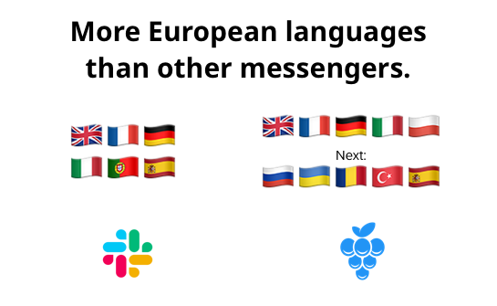 chatgrapecom's tweet image. People communicate far more efficiently in their native language – so why should business tools only speak English? As the largest European messenger, we have set out to support 🇬🇧🇫🇷🇩🇪🇮🇹🇵🇱🇷🇺🇺🇦🇷🇴🇹🇷🇪🇸 by the end of the year. Because with Grape, you get more done.