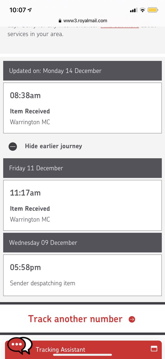 ltims92's tweet photo. @RoyalMailHelp Why isn’t my parcel leaving the depot? It was posted on 9 December and is still sitting in Warrington and has been for the last 5 days? https://t.co/NTsBWmIEZN