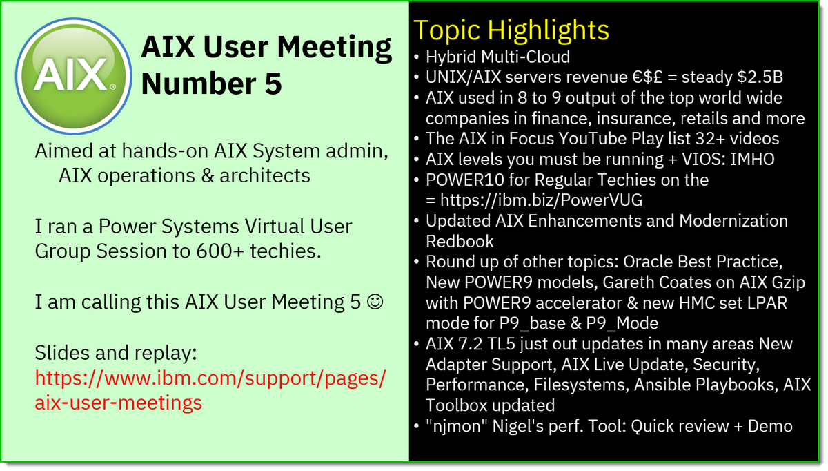 mr_nmon's tweet photo. December's #AIX User Meeting 5 - actually went out as Power Systems Virtual User Group sessions last week (thanks to Joe Armstrong) but covered a similar set of topics. Finished with a small reminder of #njmon and a demo. Find slides and replay here https://t.co/d6GPNpw0ki https://t.co/UYmR8eW0Tu