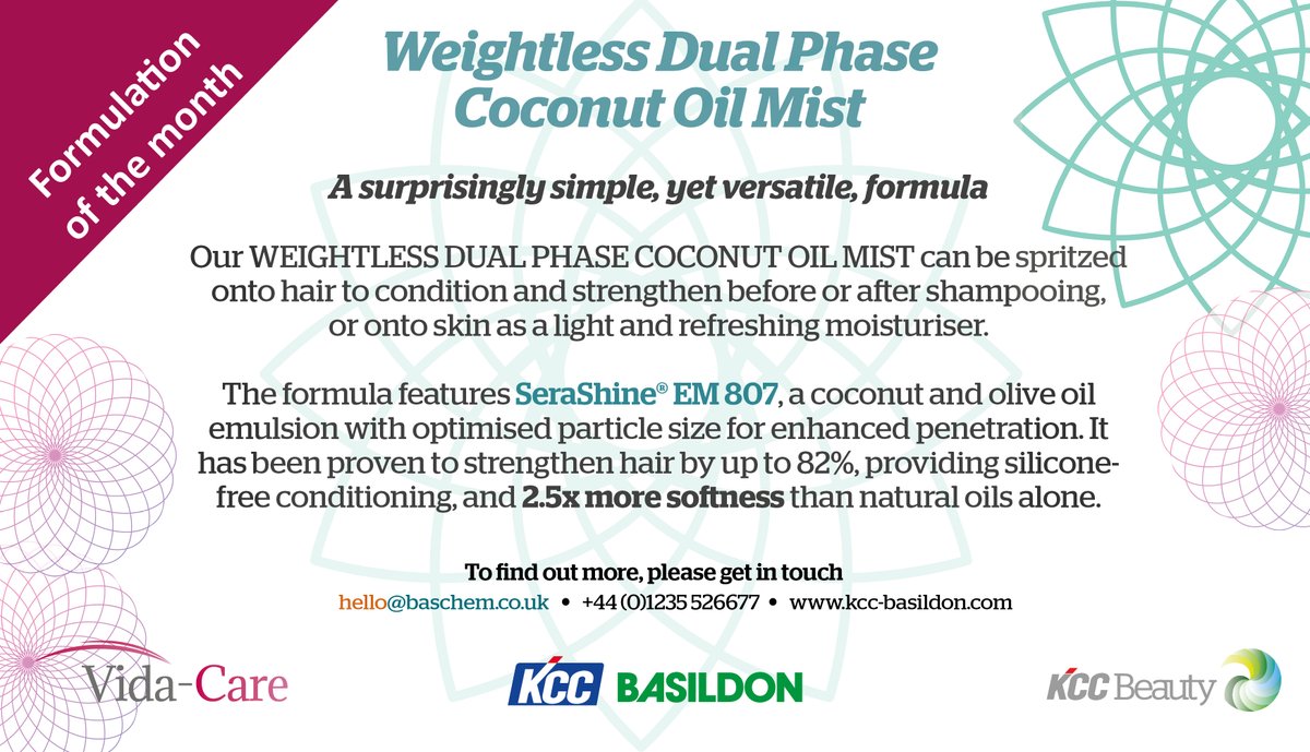 As Featured in <a href="/PersonalCareMag/">Personal Care Global Magazine</a> "Little Book of Trending Technologies", our Formulation of the Month is the simple yet versatile Weightless Dual Phase Coconut Oil Mist. #personalcare #haircare #skincare #formulation #chemistry #conditioner #shampoo #moisturiser