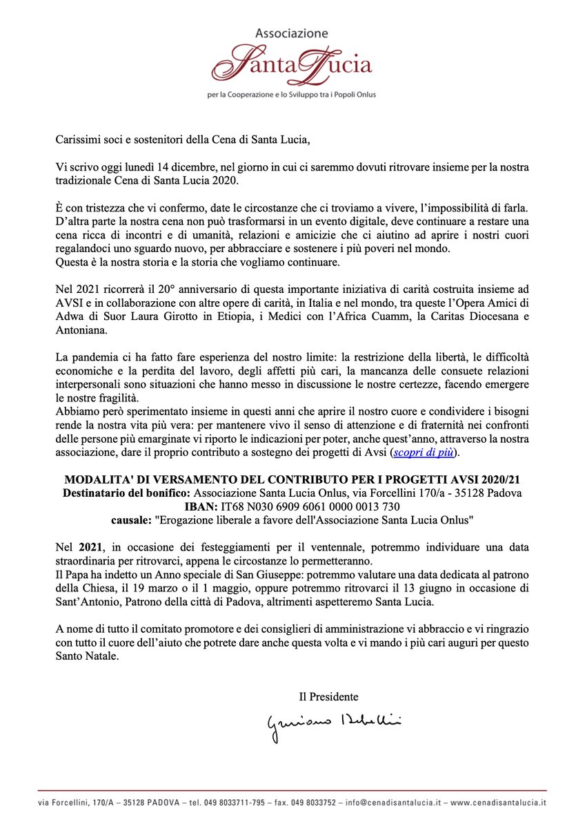 CenaSantaLucia's tweet photo. 14 DICEMBRE 2020 - Lettera del Presidente - Cena di Santa Lucia
https://t.co/oWAlpj1kpX https://t.co/WdezpZVk9N