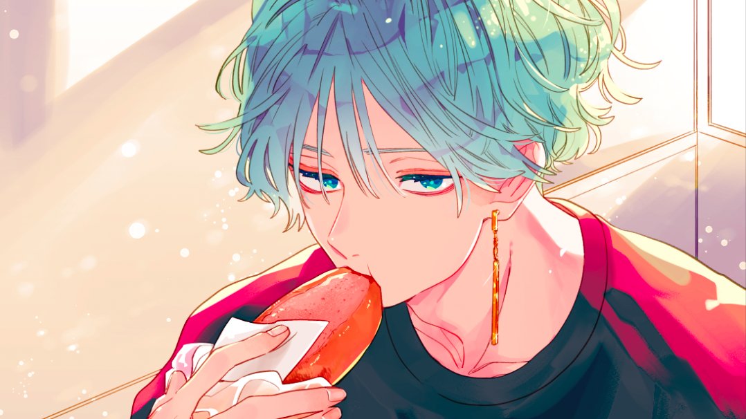 male focus 1boy food solo eating jewelry earrings  illustration images