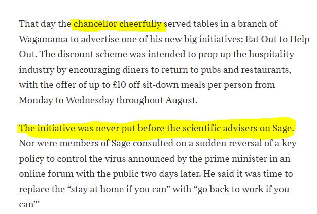 2/ Sunak is a killer. Forget the grinning waiter act during the launch of "Eat out to help out". Sunak was the dissenting voice that vetoed lock down and convinced Johnson to ignore scientific advice resulting in thousands of deaths.