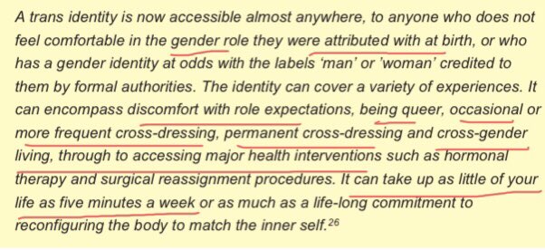 Here a “trans-identity” is described as available to anyone “who doesn’t feel comfortable with their “gender role”. But it’s not about sex stereotypes is it? Also someone can be “trans” for as little as five minutes a week”. Really? Gotta include those “transvestic fetishists”
