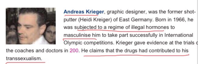 Here they include the doping of women to gain competitive advantage in sport and how one blamed this for becoming a transsexual. Nowadays we can just put actual men in sport so that’s “progress”. Isn’t it?